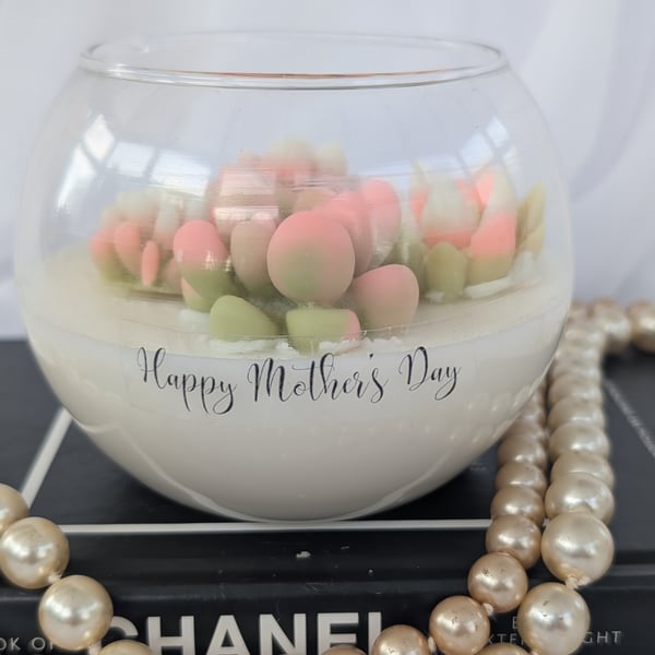 Handcrafted Mother's Day Candle, Fish Bowl Glass with Succulents, Vegan