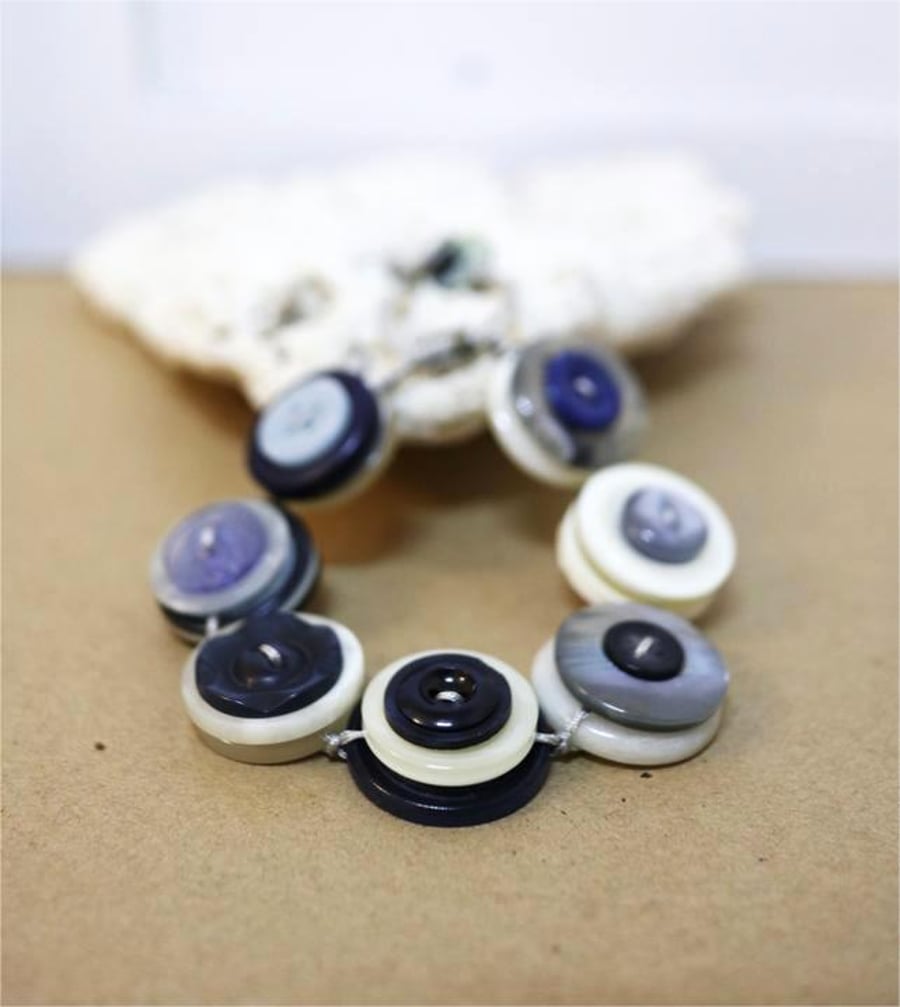 Blue Story - Vintage Button Handmade Adjustable Bracelet 