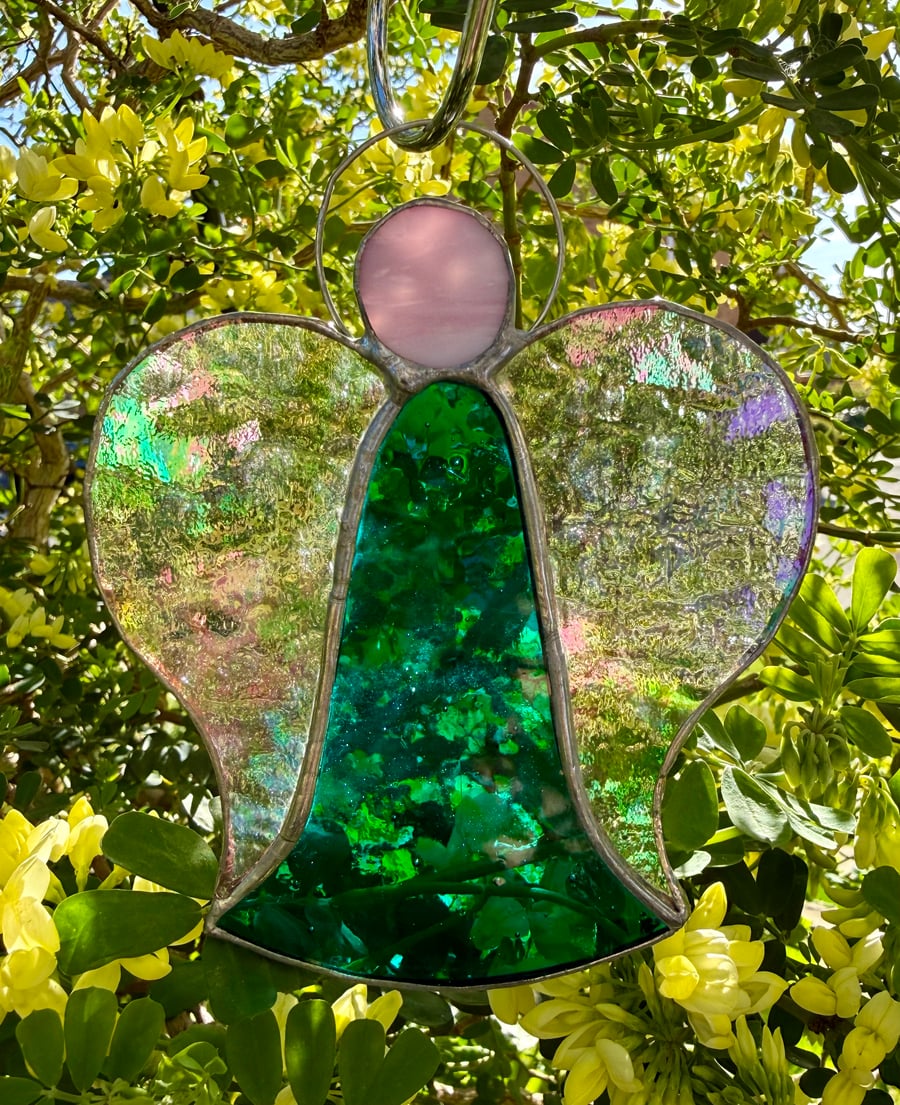 Stained Glass Bell Angel Decoration - Deep green body with iridised clear wings