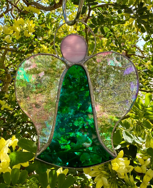 Stained Glass Bell Angel Decoration - Deep green body with iridised clear wings