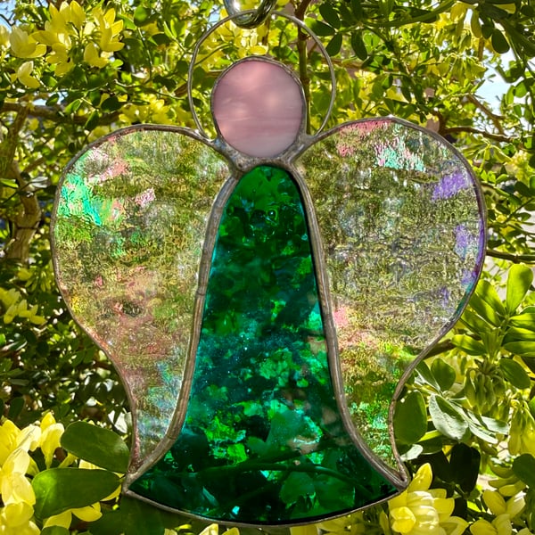 Stained Glass Bell Angel Decoration - Deep green body with iridised clear wings