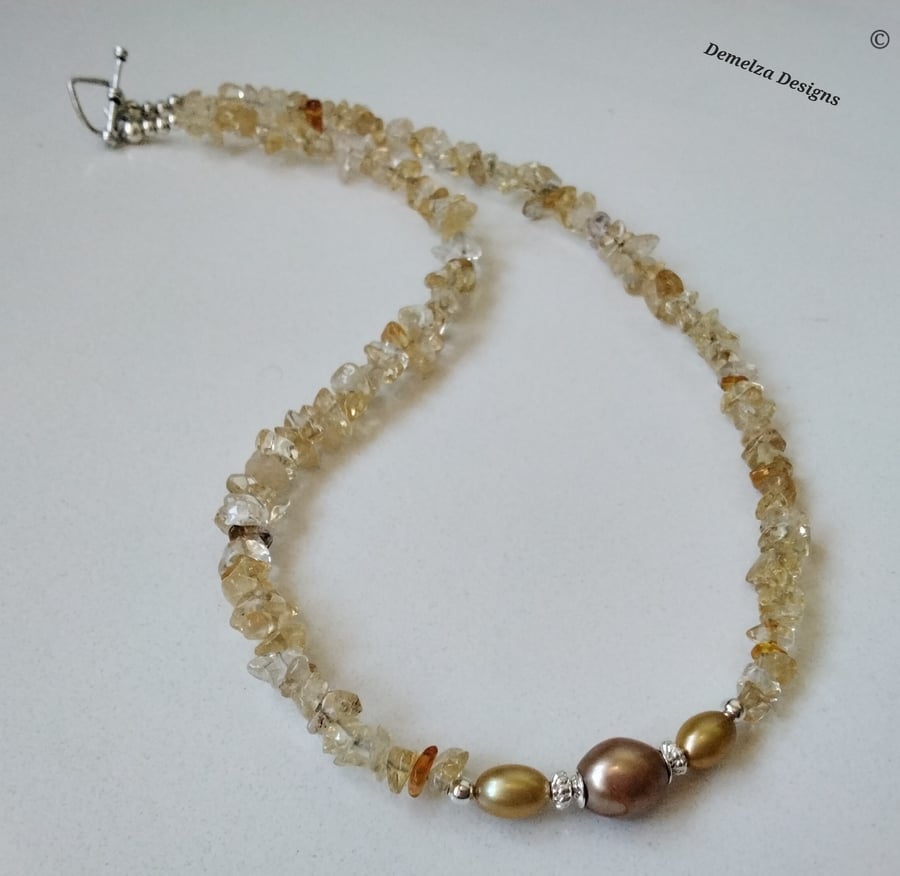 Freshwater Pearl & Citrine Nugget Gemstone Necklace 'ONE OFF' Choker Length 