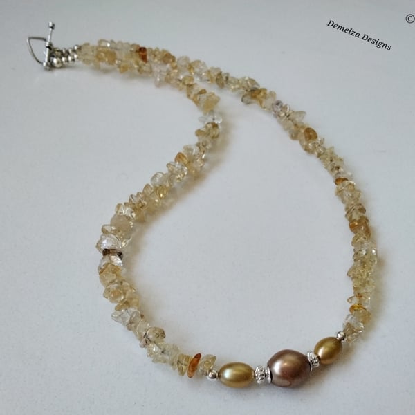 Freshwater Pearl & Citrine Nugget Gemstone Necklace 'ONE OFF' Choker Length 