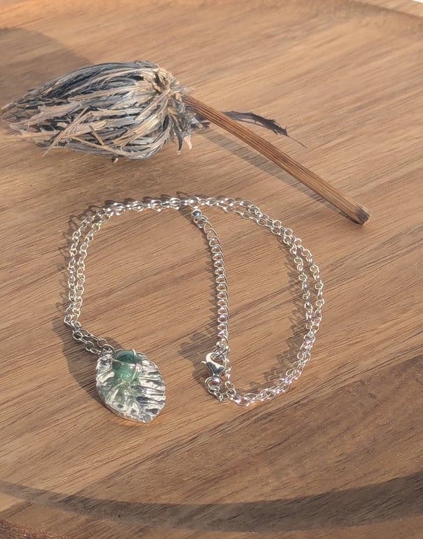 Emerald and Fine Silver Leaf Pendant