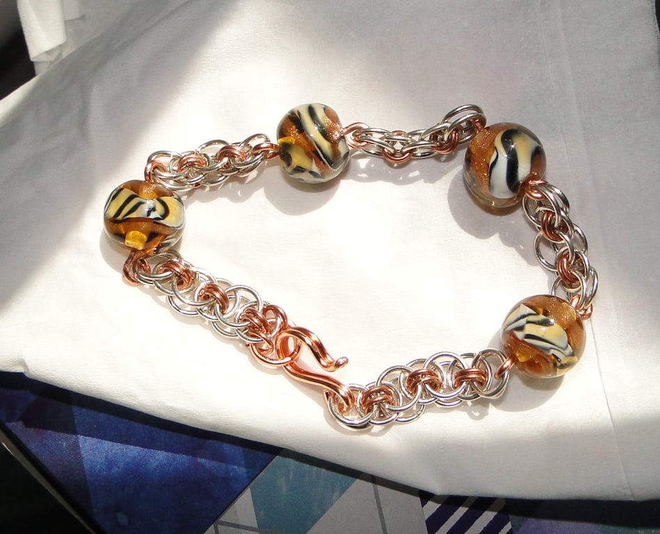     Tiger striped  bead bracelet  Copper and silver chainmaille  Gift for her