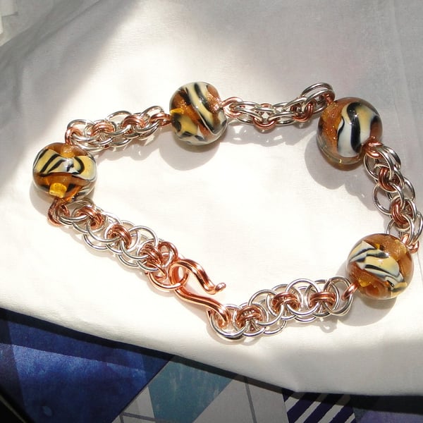     Tiger striped  bead bracelet  Copper and silver chainmaille  Gift for her