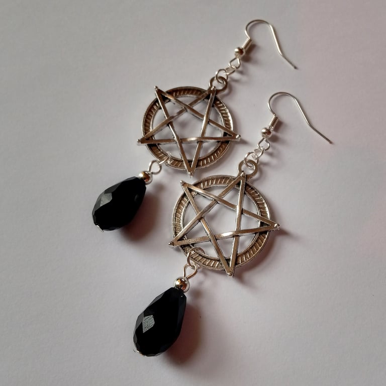 Black Crystal Pentacle Dangling Earrings Wicca Pagan