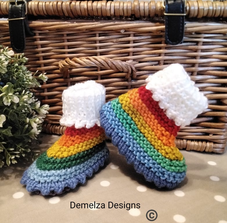 Designer Baby Girls Rainbow Hand Knitted Booties  0-3 months size