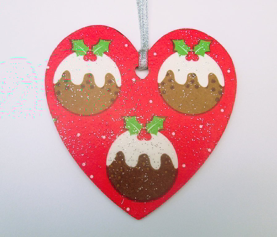 Christmas puddings wood decoupage heart hanging decoration