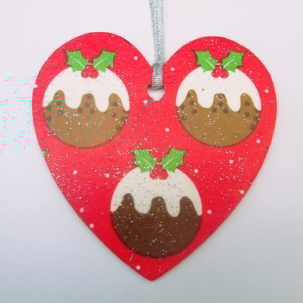 Christmas puddings wood decoupage heart hanging decoration