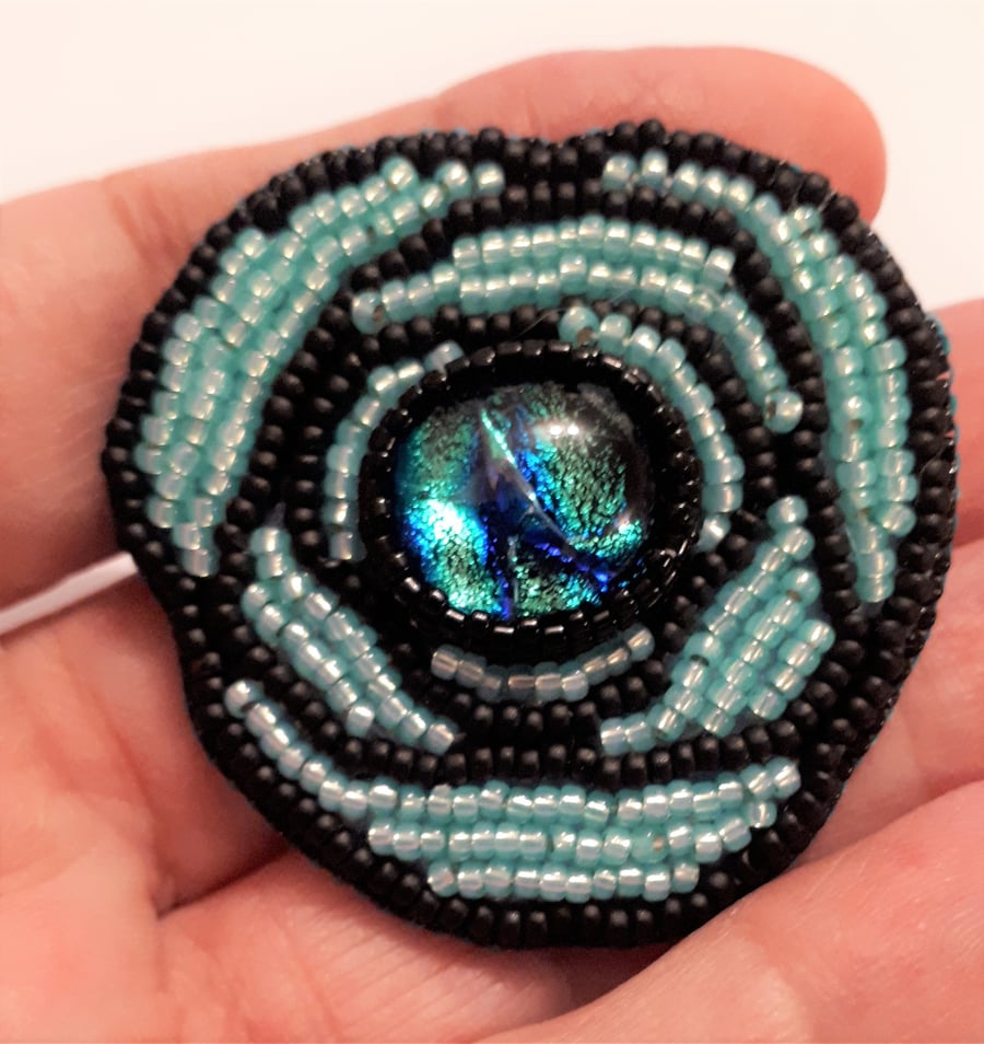 Bead Embroidered Art Deco style Turquoise Rose Brooch - unique, one of a kind