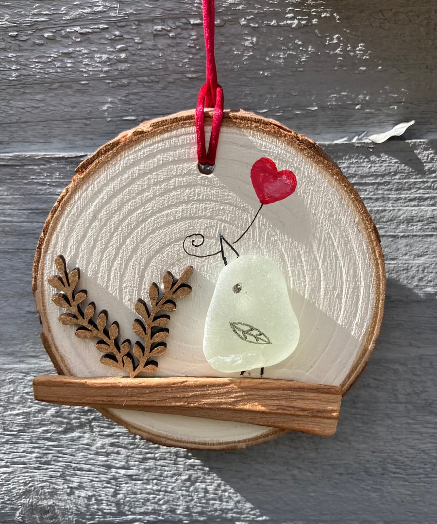 Sea Glass Bird Wood Slice Hanging Decoration