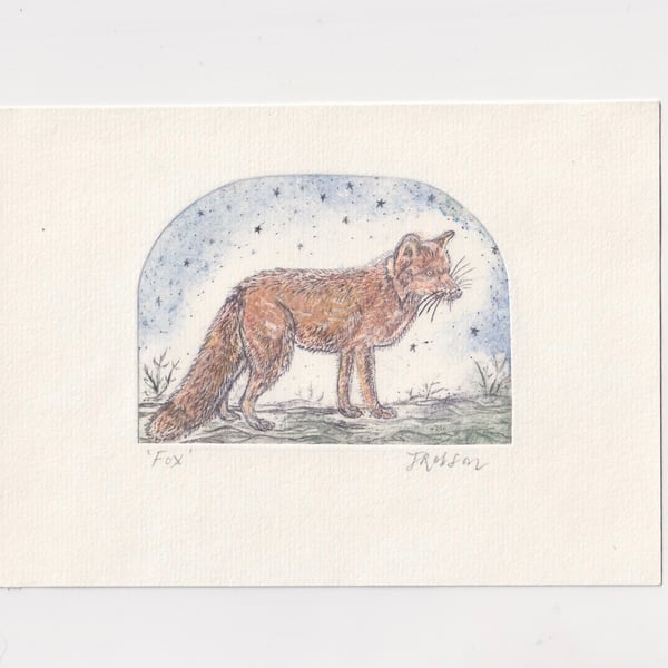 Red Fox Drypoint Print - Original Printmaking Art 