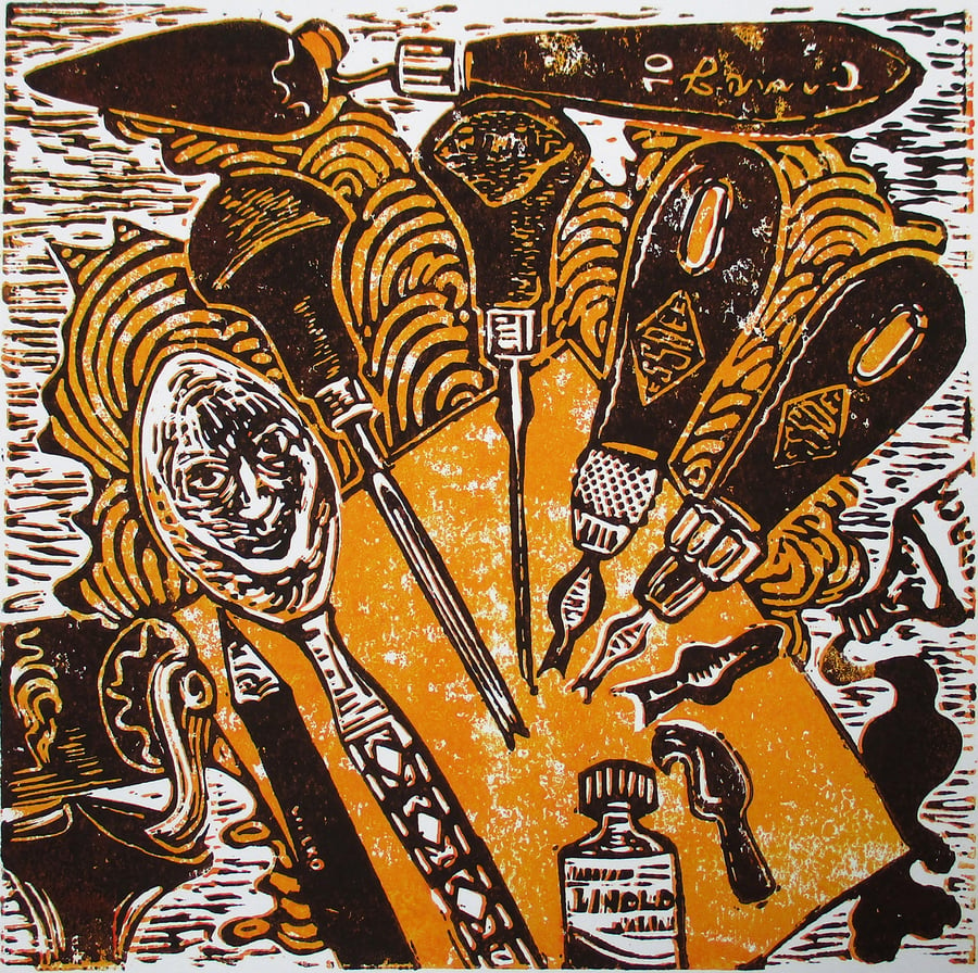 Linocut Tools Still Life - Original Hand Pressed Ltd Edition Linocut 