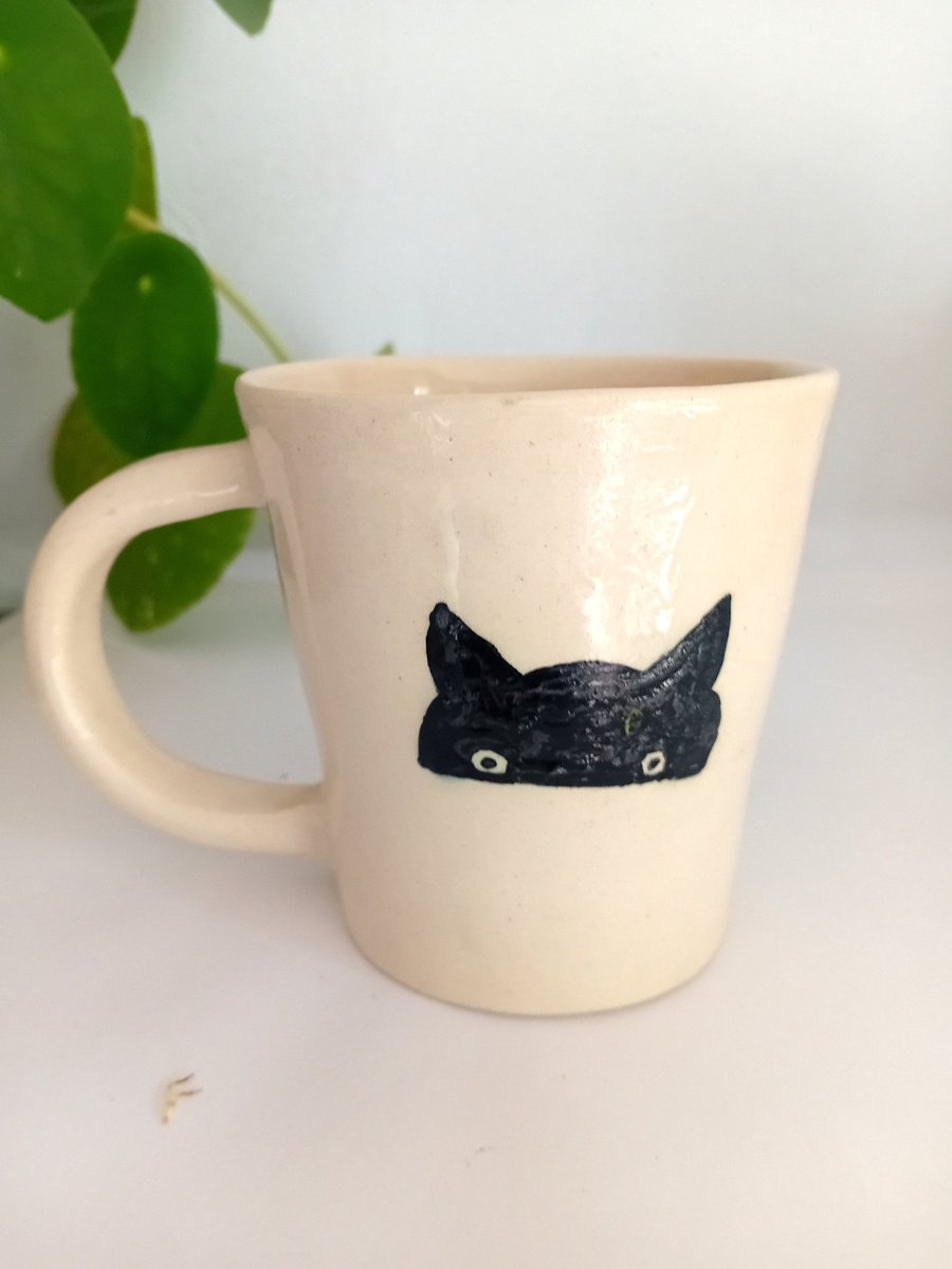 Cat mug, quirky, humourous, ceramic, hand painted studio pottery