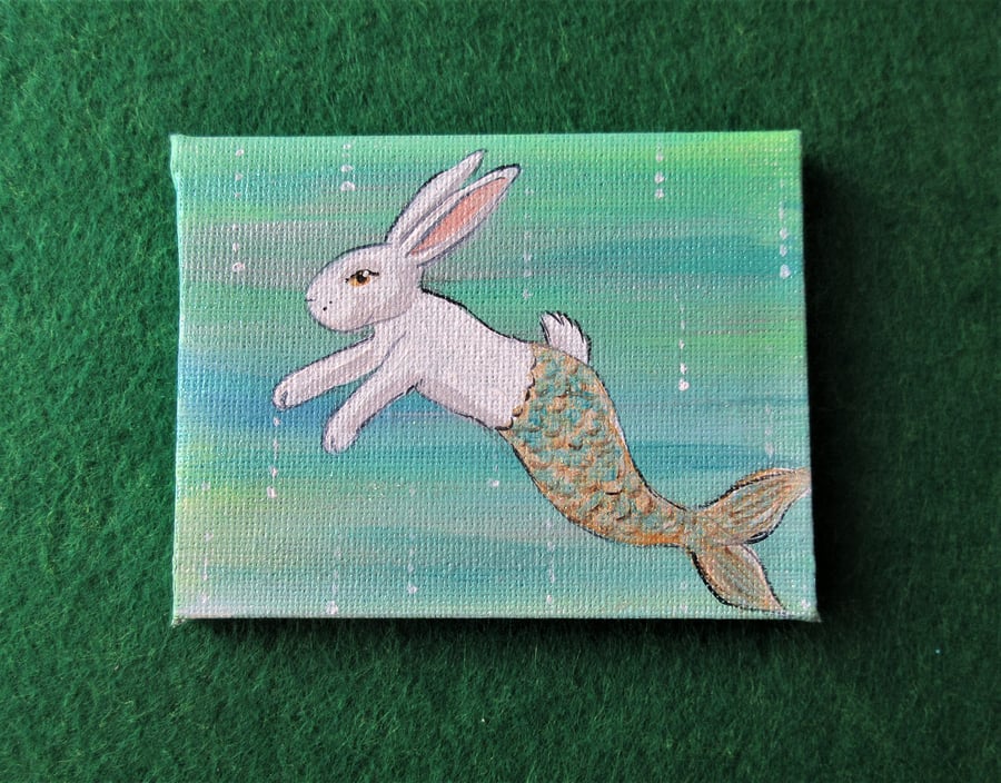 Merbunny Tiny Painting Bunny Rabbit Mermaid Picture Original Art SLIGHT SECOND