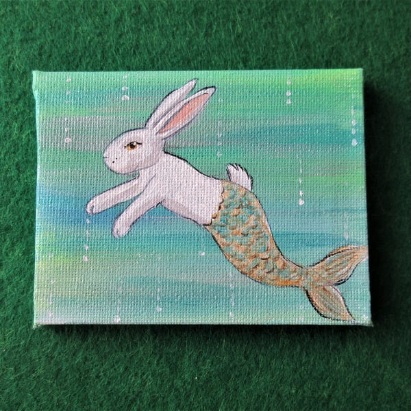 Merbunny Tiny Painting Bunny Rabbit Mermaid Picture Original Art SLIGHT SECOND