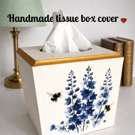 Handmade blue delphiniums & bumble bees floral cube tissue box cover