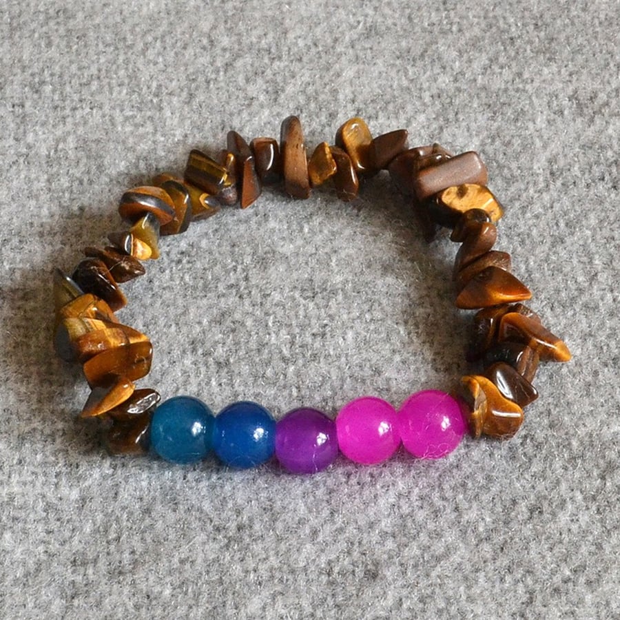 Bisexual Pride – Elastic Bracelet with Glass Beads and Tiger’s Eye Chip