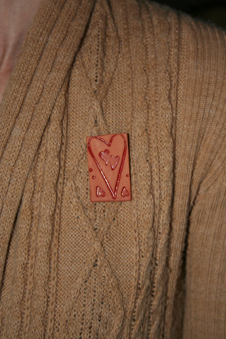 Handmade ceramic red impressed  heart design  brooch