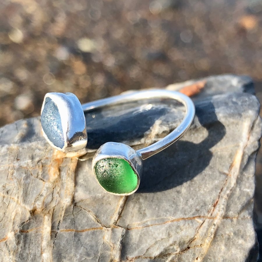 Blue & Green Sea Glass and Sterling Silver Spiral Adjustable Ring - 1224