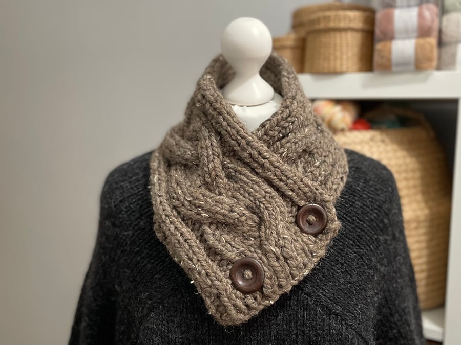 Hand Knitted Scarf with Buttons - Barley