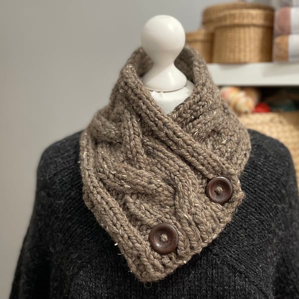 Hand Knitted Scarf with Buttons - Barley