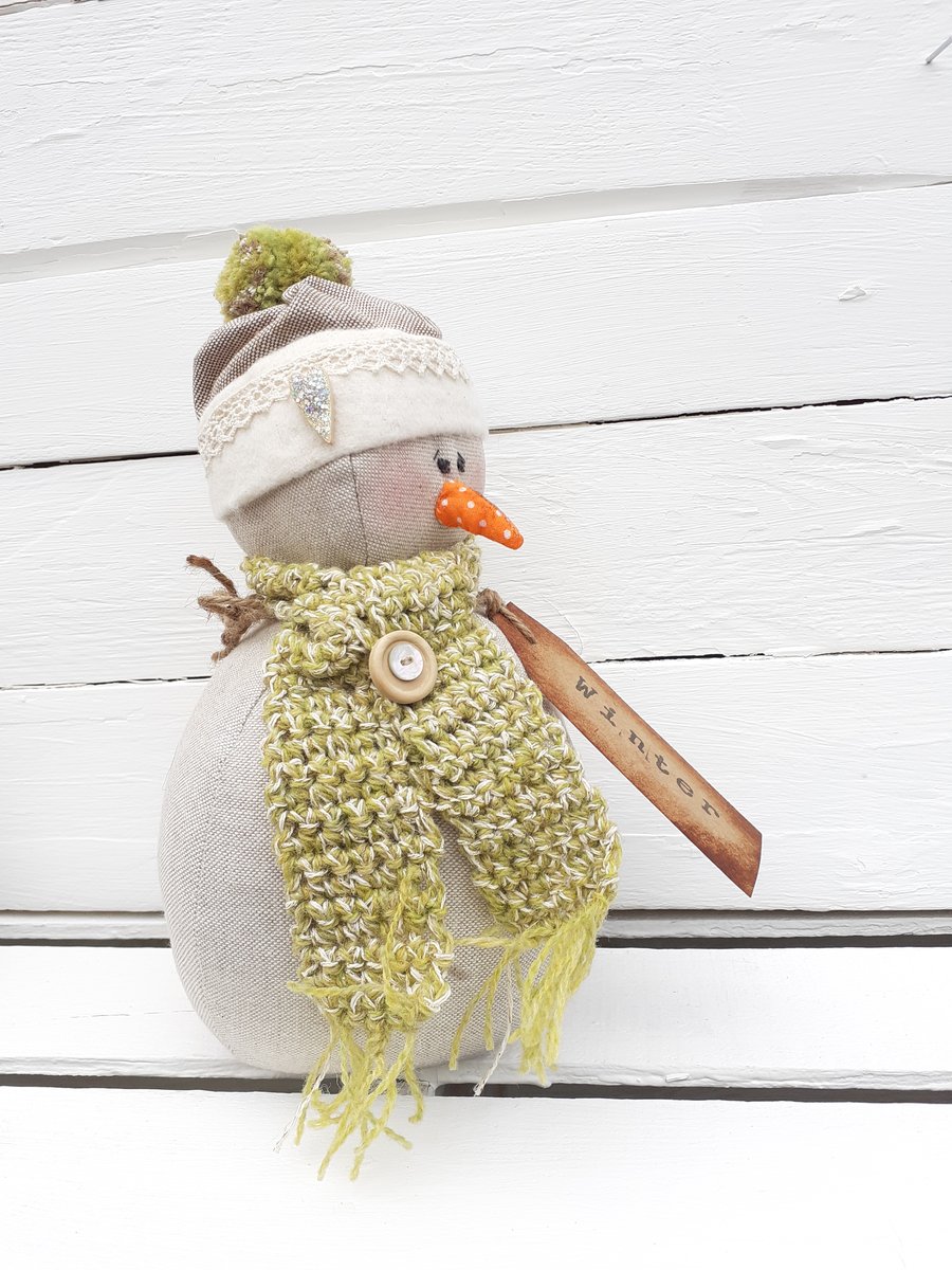 Handmade One of a Kind Primitive Snowman Decoration Free Standing