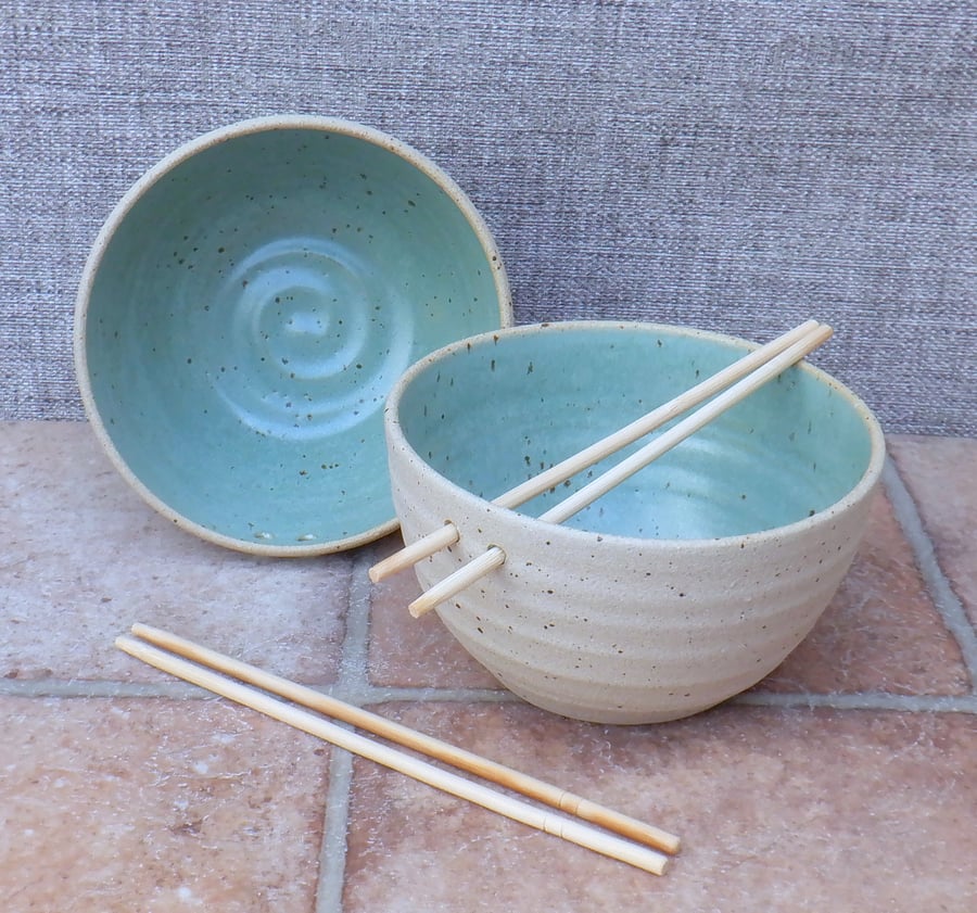 Pair of noodle or rice bowls hand thrown stoneware pottery wheel ceramic 