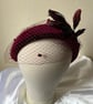 Cherie - Burgundy Velvet Feather Headband Fascinator with Birdcage Veiling  - Image 2