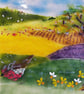 Fused Glass Meadow Art: Robin Landscape on Oak Stand - Image 7