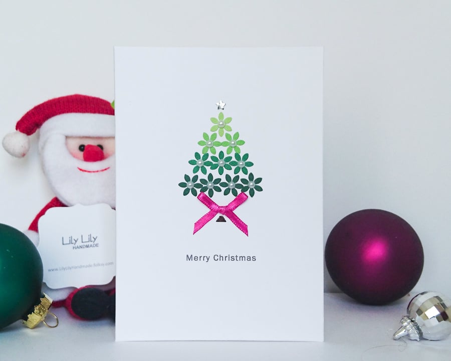 Christmas Card, Green Ombre Christmas tree with pearl baubles, handmade