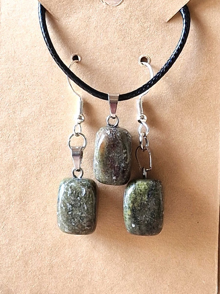 Epidote Inspired Jewellery Set, Natural Stone Earrings & Pendant, Handmade Boho 
