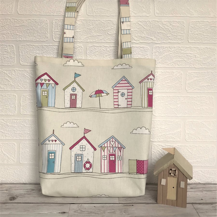 Beach huts tote bag, handbag in cream with pastel beach huts print pattern