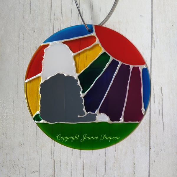 Old English Sheepdog Rainbow sunshine pet memorial sun catcher decoration.