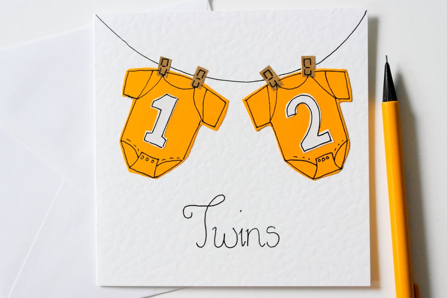 Twins Handmade Greeting Card, Neutral Twins New Baby Card, Baby Boys Or Girls