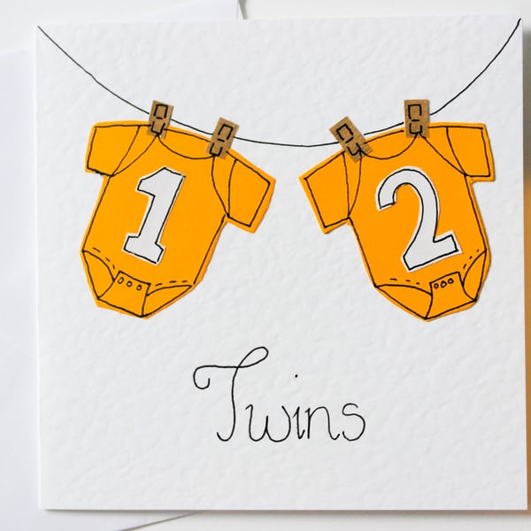 Twins Handmade Greeting Card, Neutral Twins New Baby Card, Baby Boys Or Girls