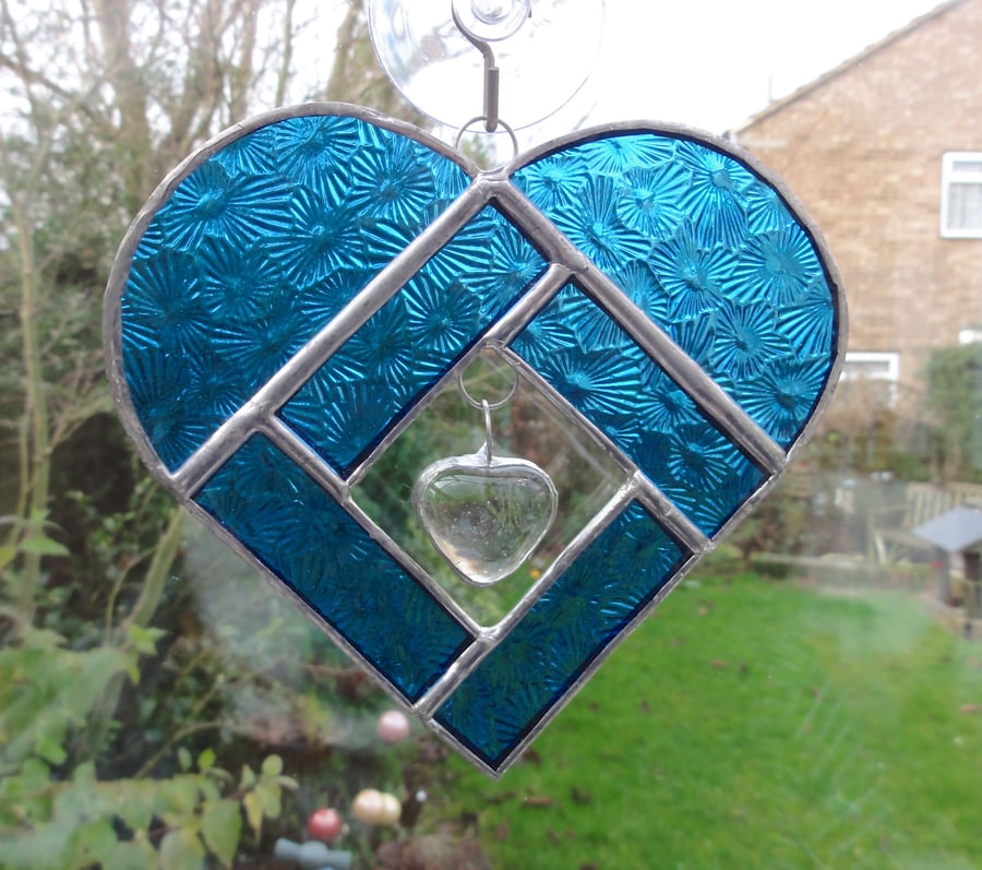 Stained Glass Heart Heart Suncatcher - Turquoise