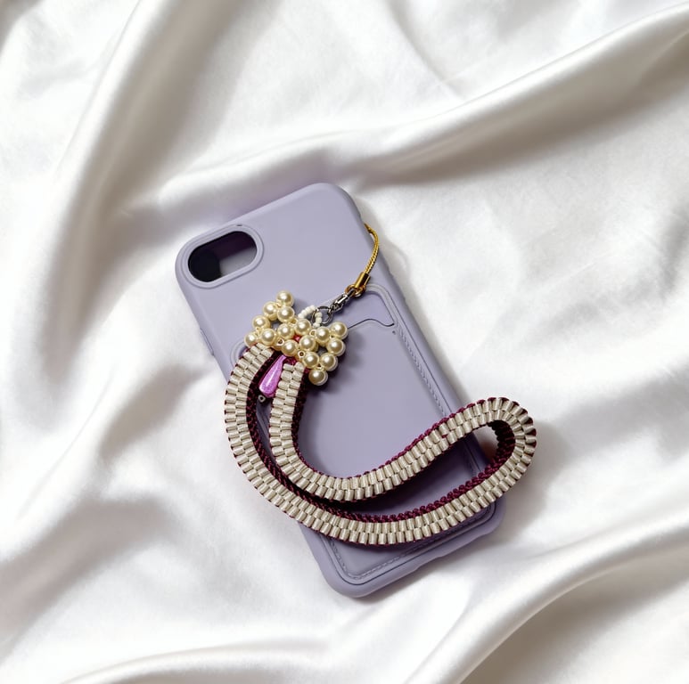 Handmade Red Ribbon & Faux Pearl Beaded Phone Strap