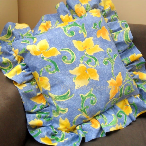 Frilled cushion in blue and yellow 