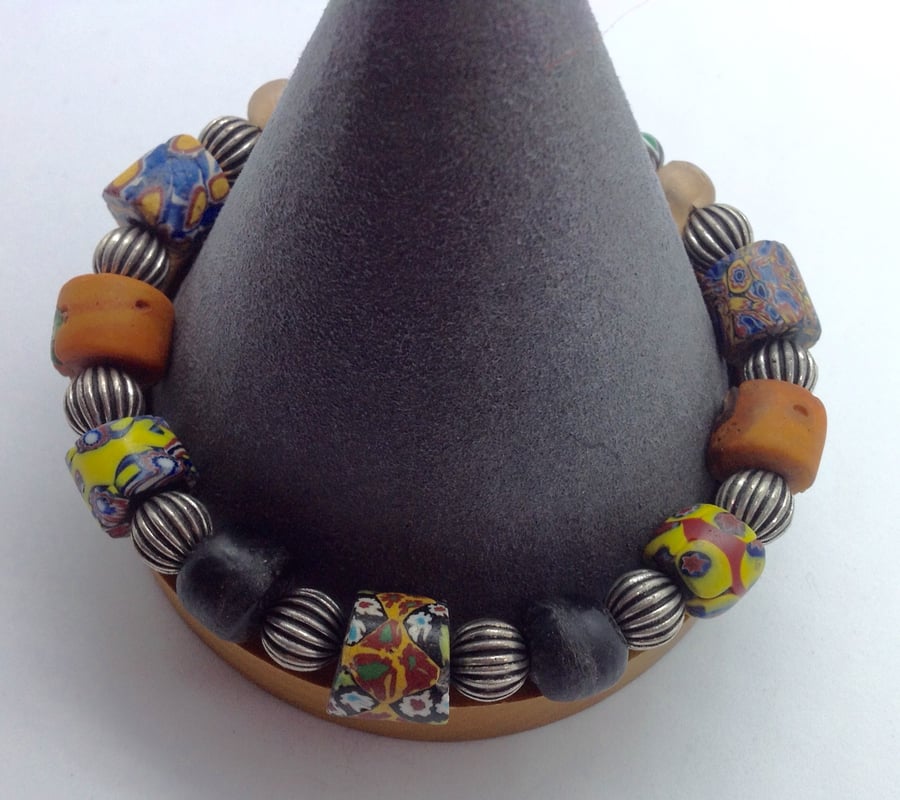 Man's or large bracelet with rare antique trade beads, vintage face beads 