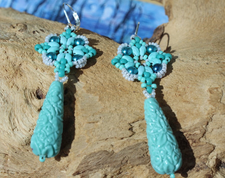 Turquoise seed beaded dangle earrings