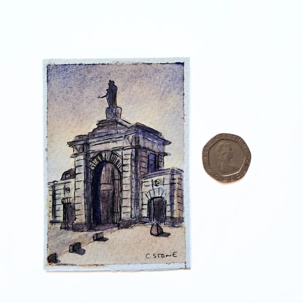 Original ACEO Mini Watercolour and  Ink Painting Royal William Yard, Plymouth