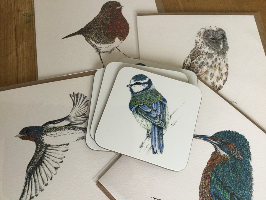 4 x British bird cards and 4 x Bkue tit coaster offer 