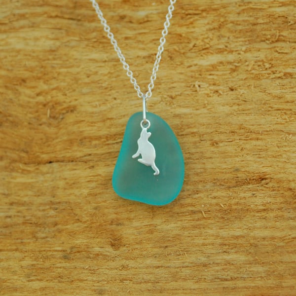 Turquoise beach glass pendant with sterling silver cat