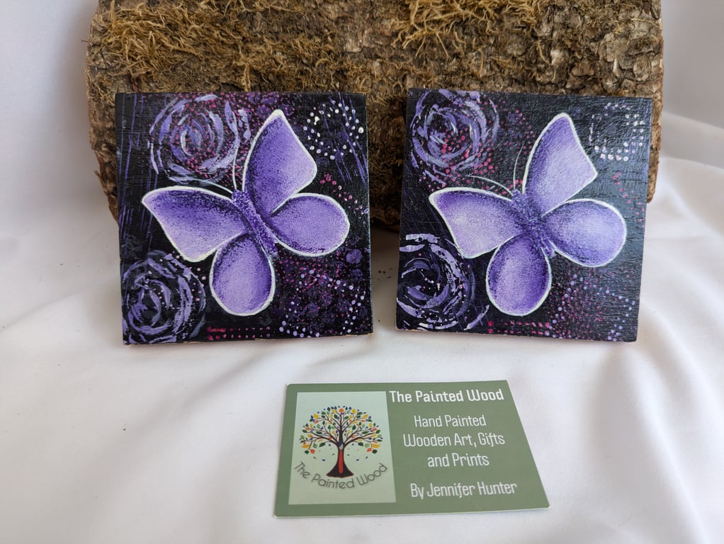 Hand Painted Oak Wood Coaster Set of 2, Purple Butterflies