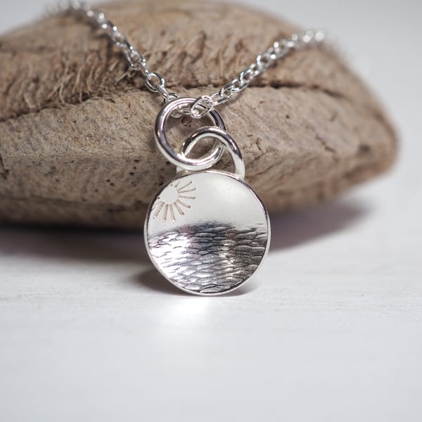 Pendant silver sunset necklace, sunrise, silver disc pendant, summer jewellery