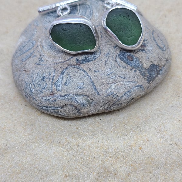 Sea glass - eco - recycled silver cufflinks - unique - dark forest green