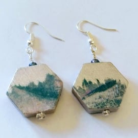 Hexagon decoupaged wood earrings