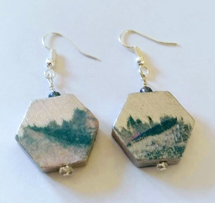 Hexagon decoupaged wood earrings